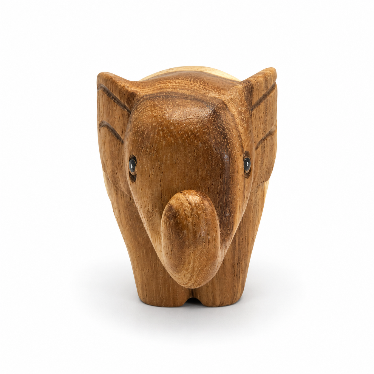 Curled-trunk wooden elephant — example A, front