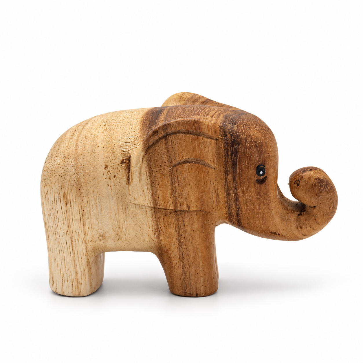 Curled-trunk wooden elephant — example A, side right