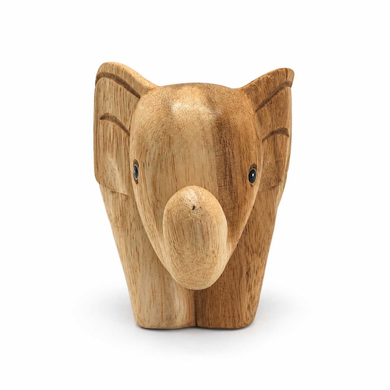 Curled-trunk wooden elephant — example B, front