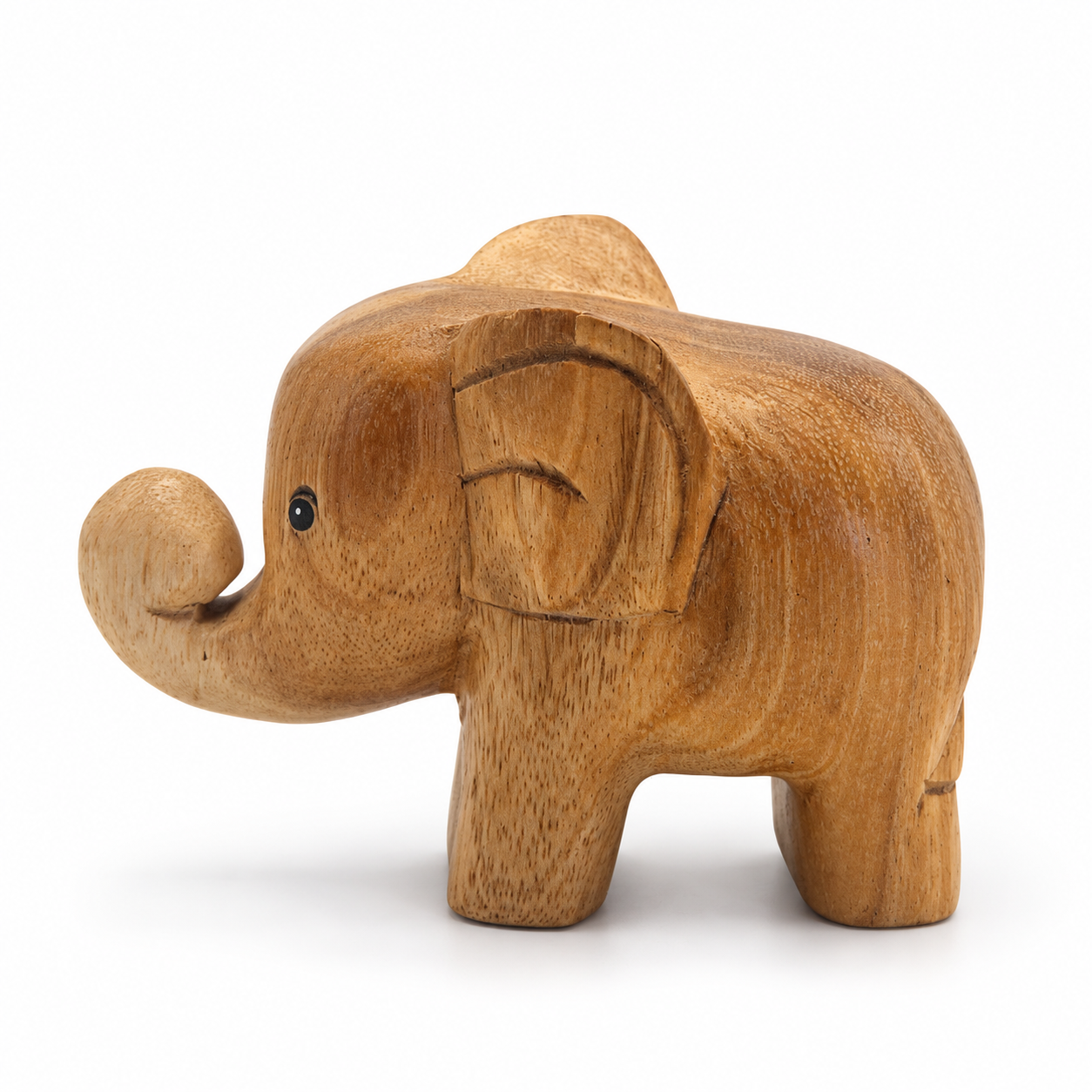 Curled-trunk wooden elephant — example B, side left