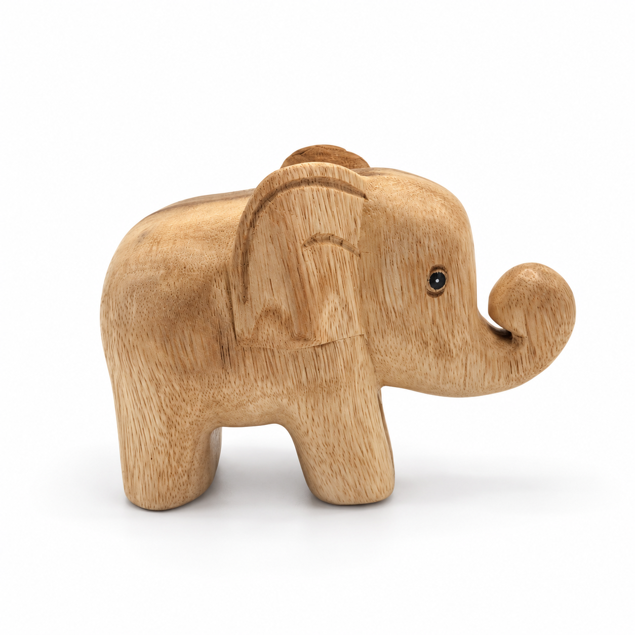 Curled-trunk wooden elephant — example B, side right