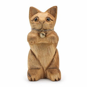 Raised-paw wooden cat — example A, front