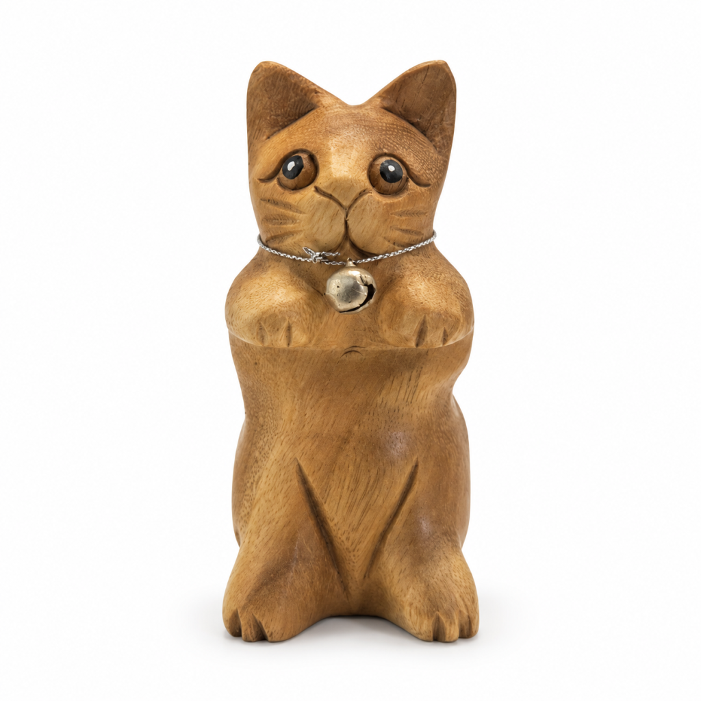 Raised-paw wooden cat — example B, front