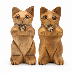 Two raised-paw wooden cats